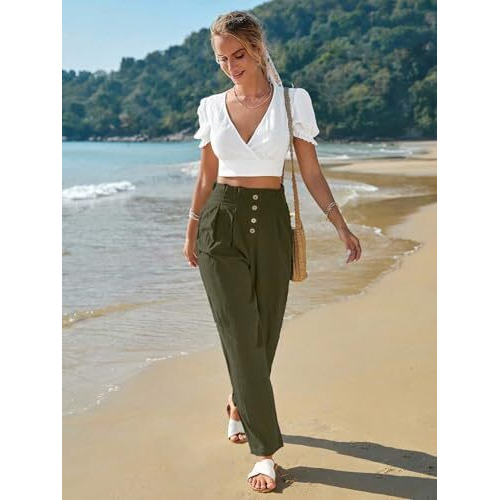 Toplot Women Casual Slanted Pocket Elastic Waist Tapered Pants (Pleated-Pant-5194-Olive-28)