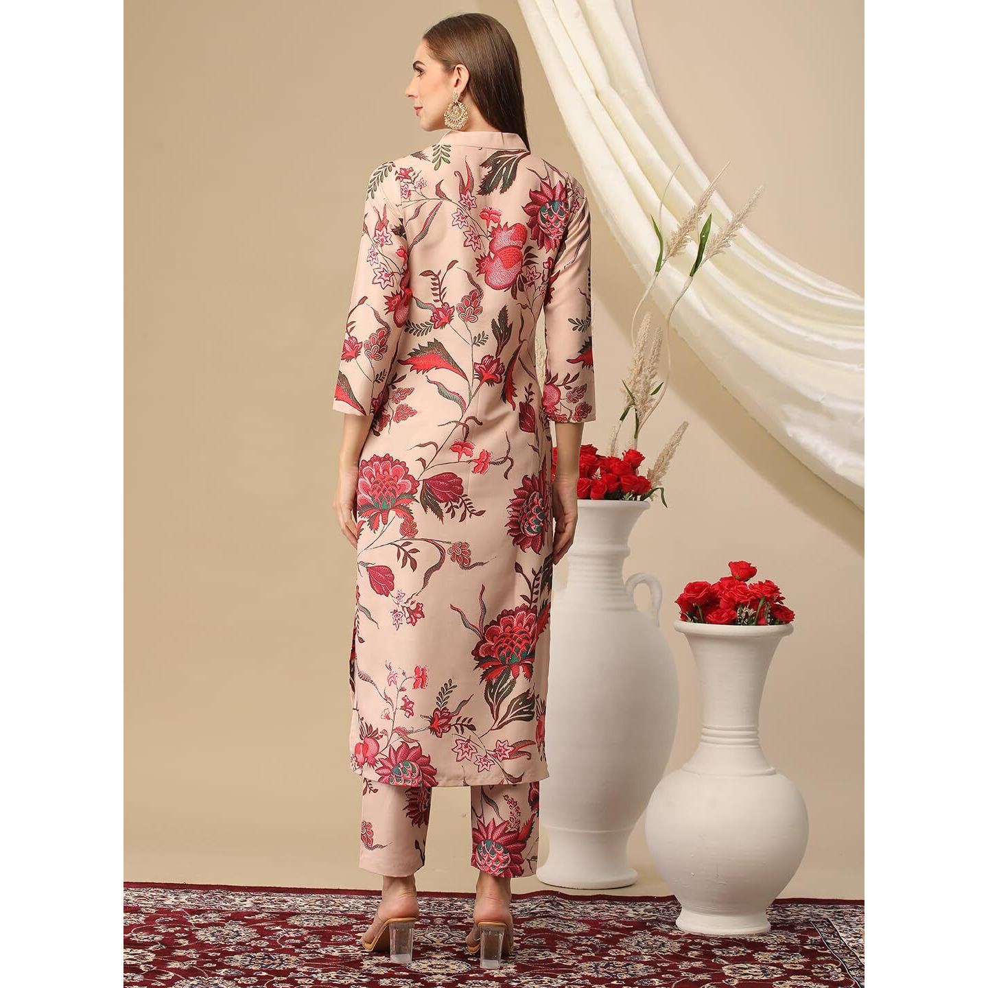 Gosriki Women's Cotton Blend Straight Printed Kurta With Pant (Theo Beige-Gs_M_Beige_Medium)