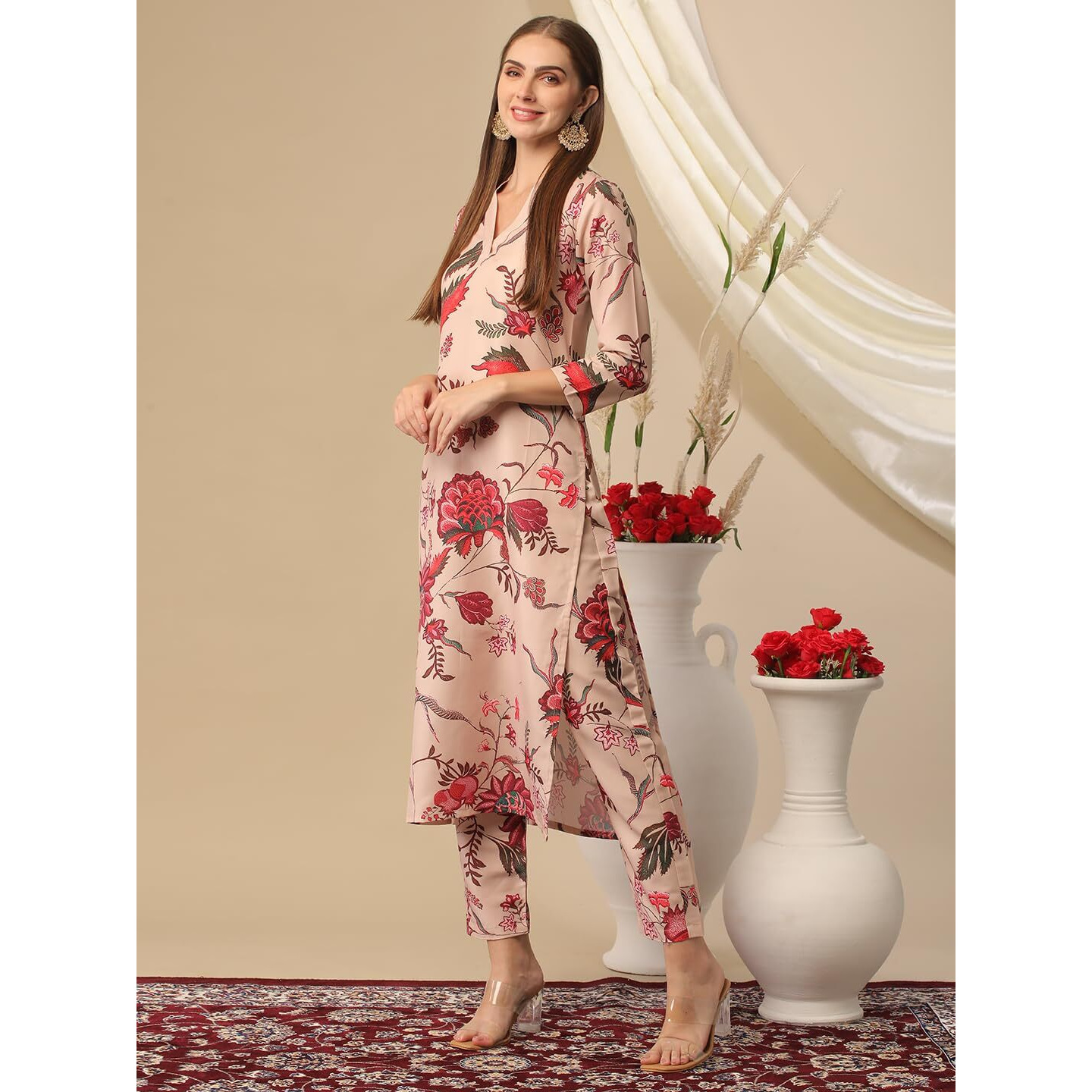 Gosriki Women's Cotton Blend Straight Printed Kurta With Pant (Theo Beige-Gs_M_Beige_Medium)