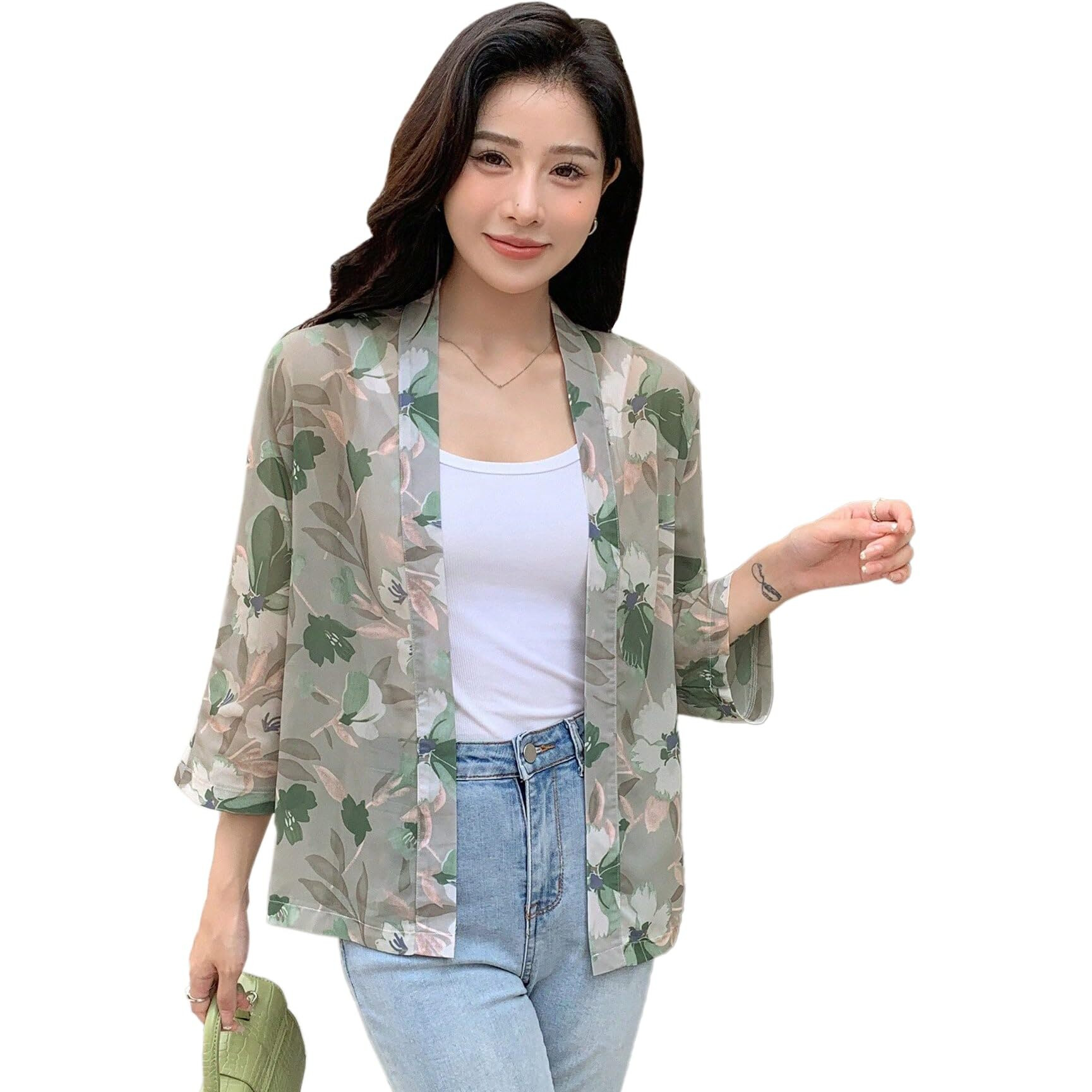 Toplot Women's Front Open Floral Printed Shrug Top Regular Fit (Shrug-5148-Green-L)
