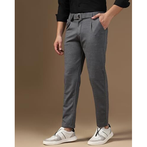 Toplot Men's Regular Casual Pants (Belt-Trouser-5173-Dark Grey-28)