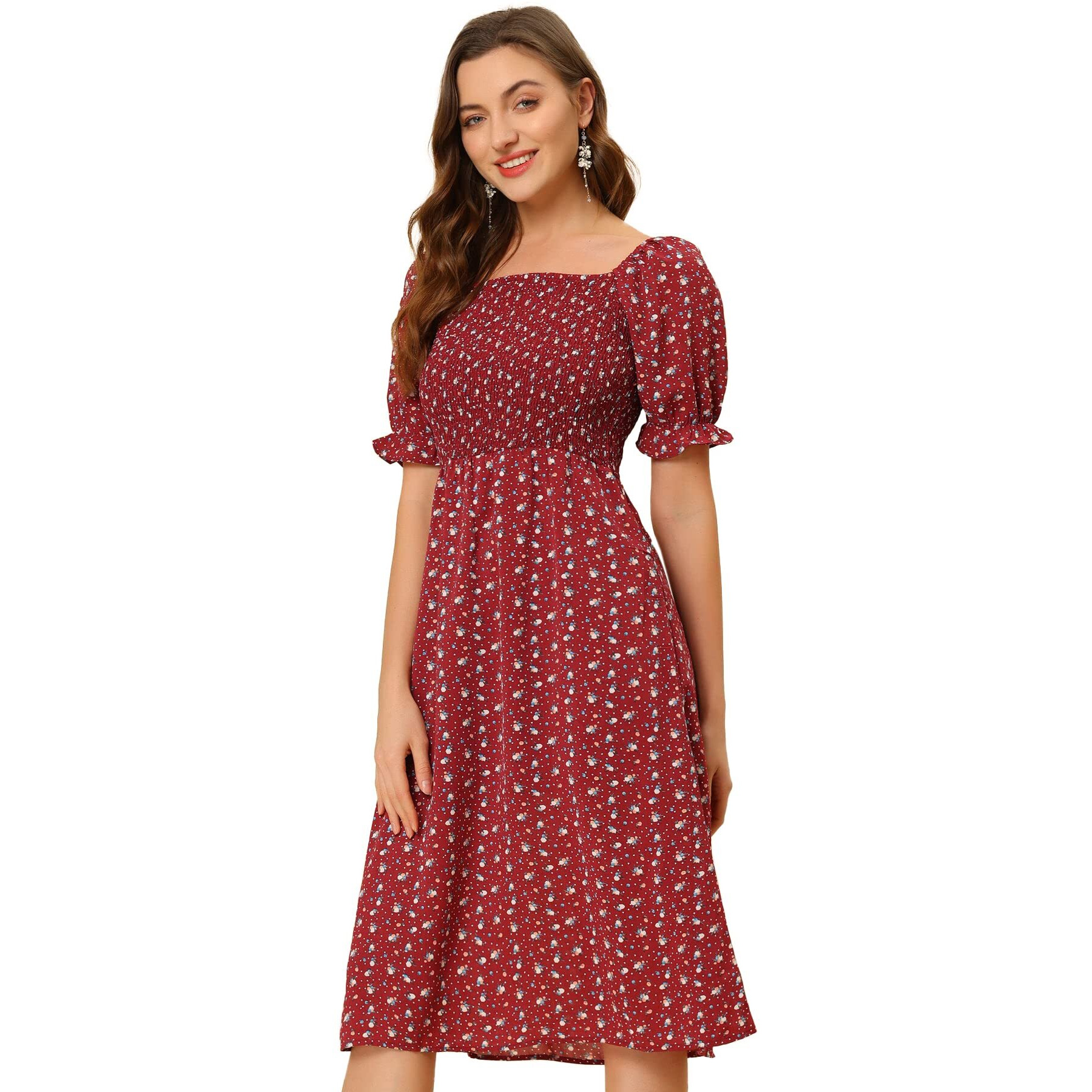 Toplot Dresses For Women Knee Length With Floral Print(Dress-5107-Maroon-M)