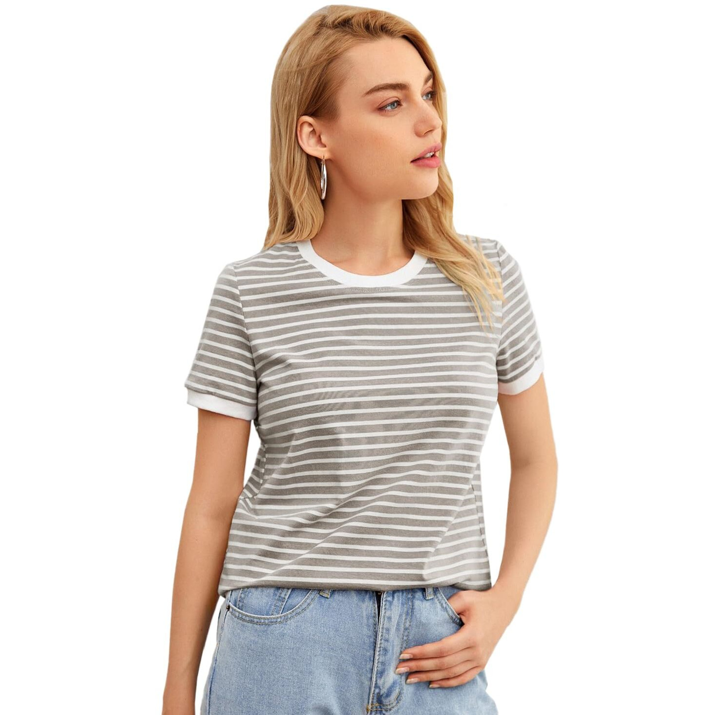 Toplot Stripe Printed Short Sleeve Regular Fit Top For Women (Top-5142-Grey-L)