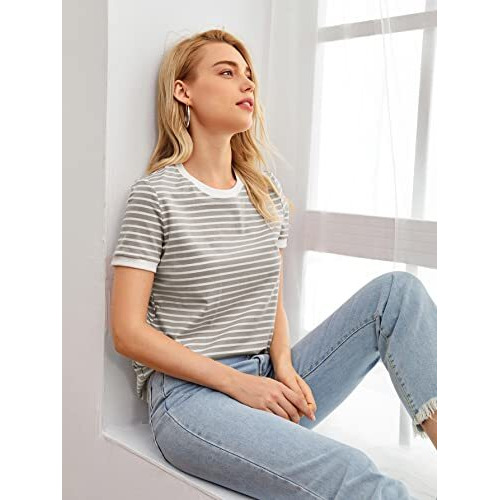 Toplot Stripe Printed Short Sleeve Regular Fit Top For Women (Top-5142-Grey-L)