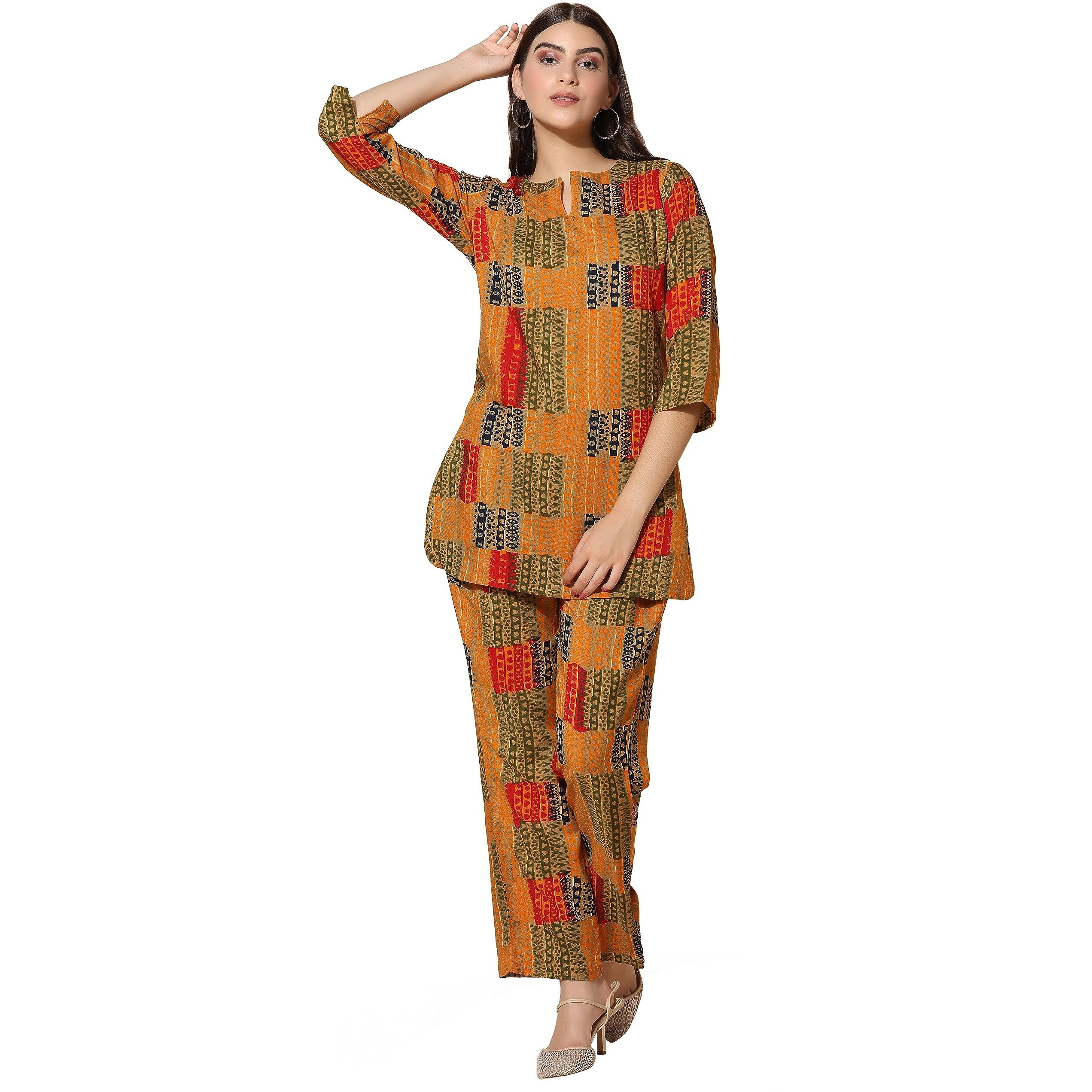 Toplot Co-Ord Set For Women Printed Straight Kurta With Pant (Simple-Pair-5141-Yellow-Xl)