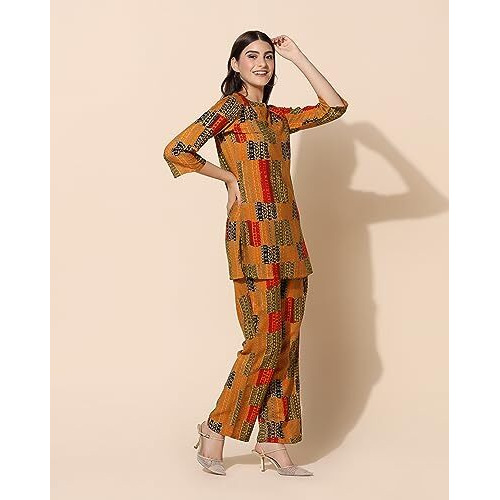 Toplot Co-Ord Set For Women Printed Straight Kurta With Pant (Simple-Pair-5141-Yellow-Xl)