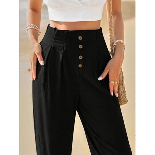 Toplot Women Casual Slanted Pocket Elastic Waist Tapered Pants (Pleated-Pant-5194-Black-28)