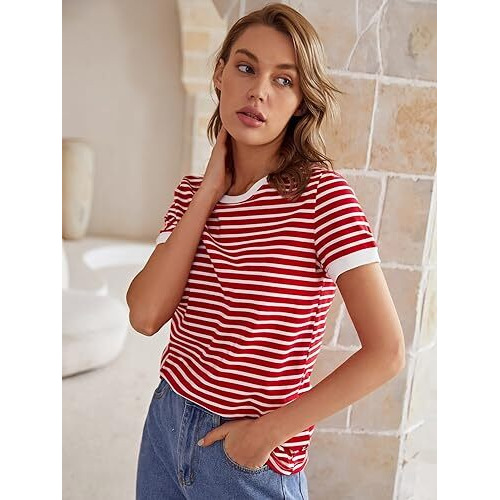 Toplot Stripe Printed Short Sleeve Regular Fit Top For Women (Top-5142-Red-S)