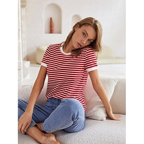 Toplot Stripe Printed Short Sleeve Regular Fit Top For Women (Top-5142-Red-S)