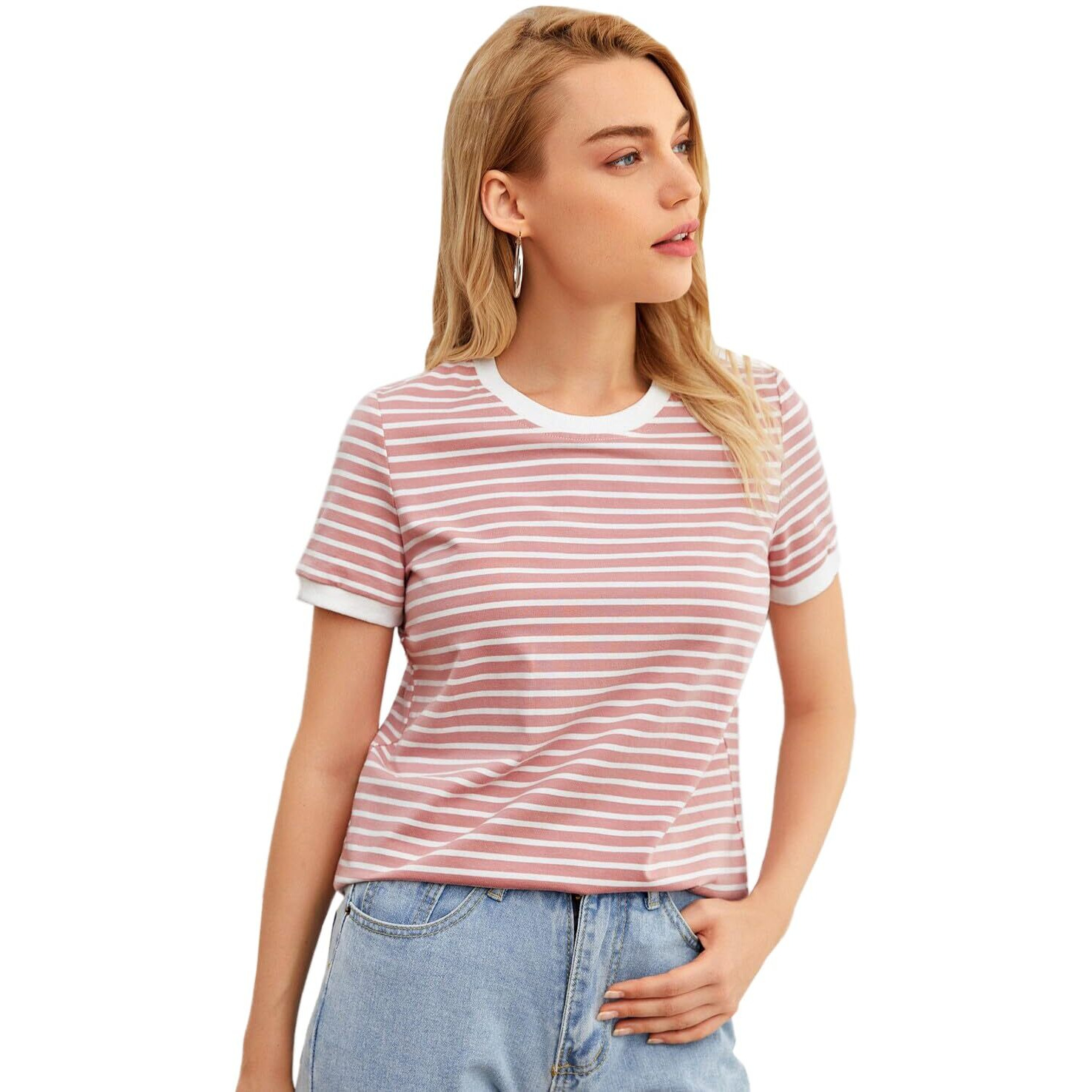Toplot Stripe Printed Short Sleeve Regular Fit Top For Women (Top-5142-Pink-S)