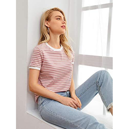 Toplot Stripe Printed Short Sleeve Regular Fit Top For Women (Top-5142-Pink-S)