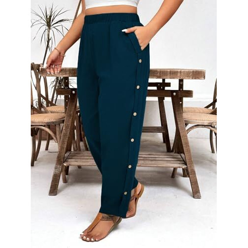 Toplot Women Casual Slanted Pocket Elastic Waist Tapered Pants (Button-Pant-5192-Turquoise-28)
