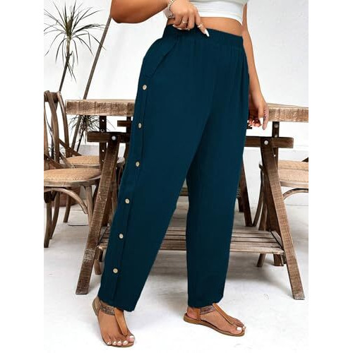 Toplot Women Casual Slanted Pocket Elastic Waist Tapered Pants (Button-Pant-5192-Turquoise-28)