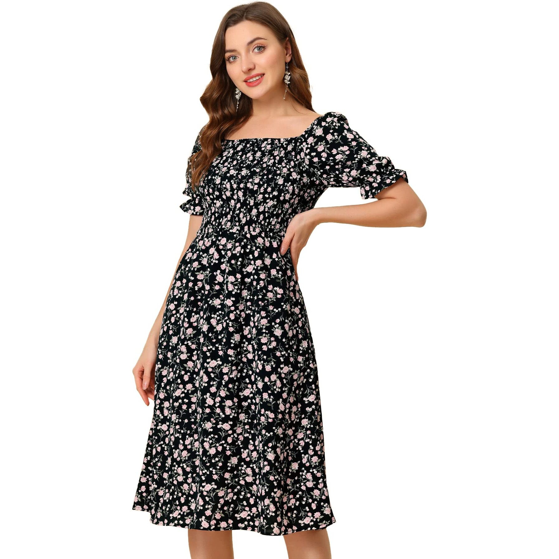 Toplot Dresses For Women Knee Length With Floral Print(Dress-5107-Black-L)