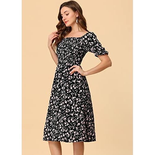 Toplot Dresses For Women Knee Length With Floral Print(Dress-5107-Black-L)