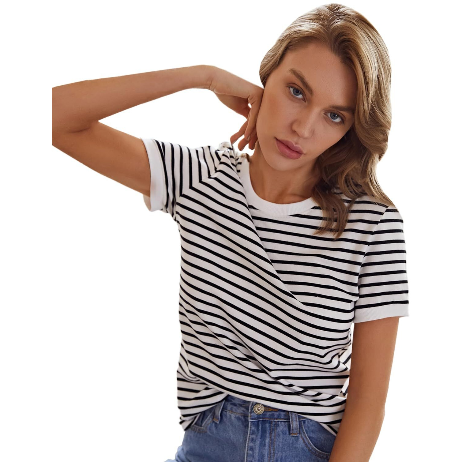 Toplot Stripe Printed Short Sleeve Regular Fit Top For Women (Top-5142-White-Xs)