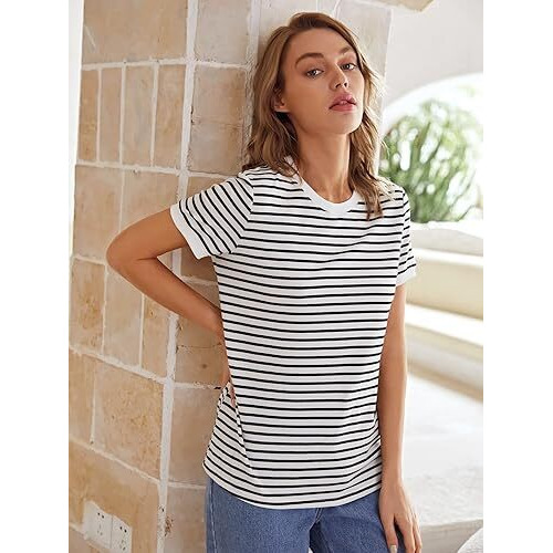 Toplot Stripe Printed Short Sleeve Regular Fit Top For Women (Top-5142-White-Xs)