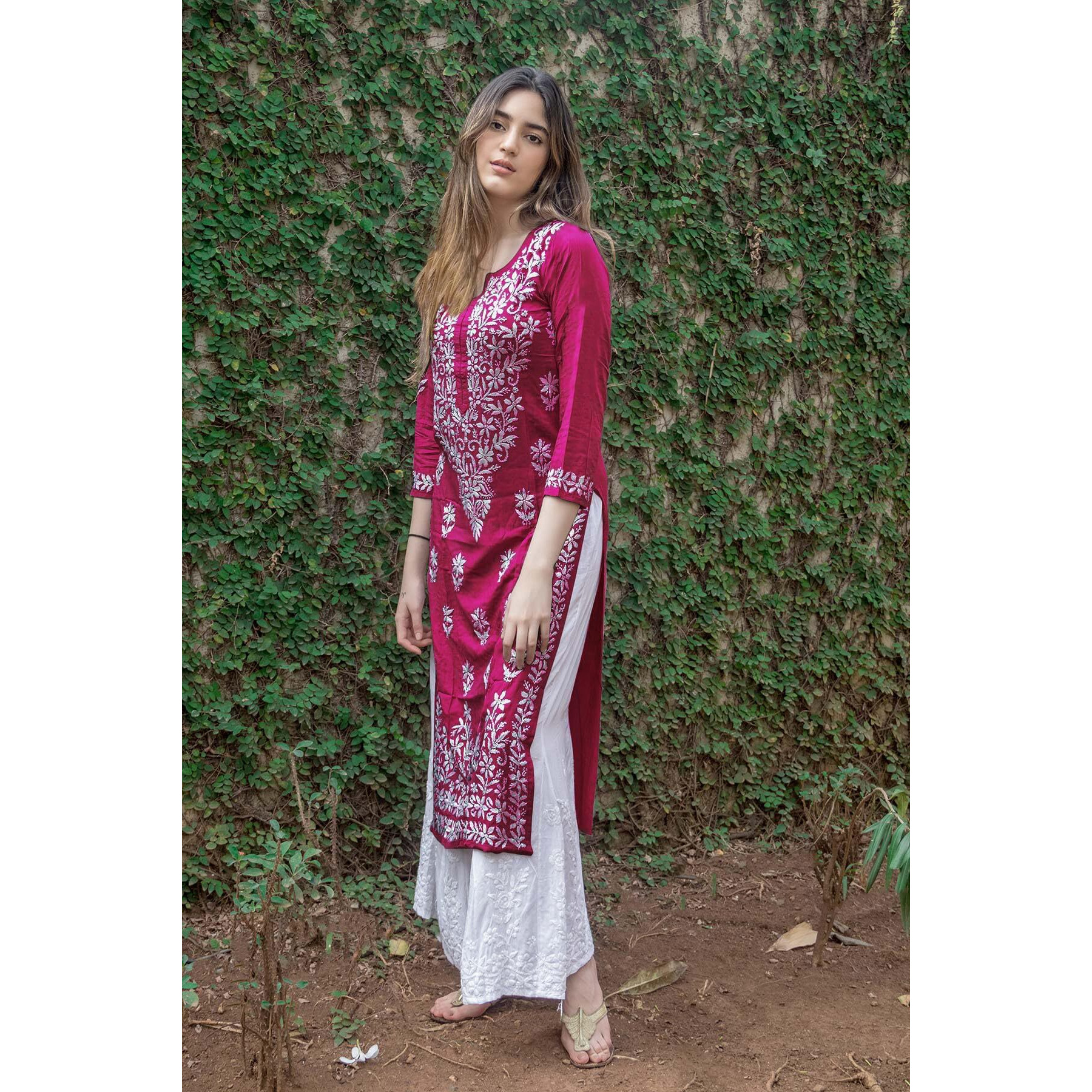 Gosriki Women's Rayon Blend Straight Chikankari Embroidered Kurta (Victoria Pink-Nw-Gs_S_Beige_Small)