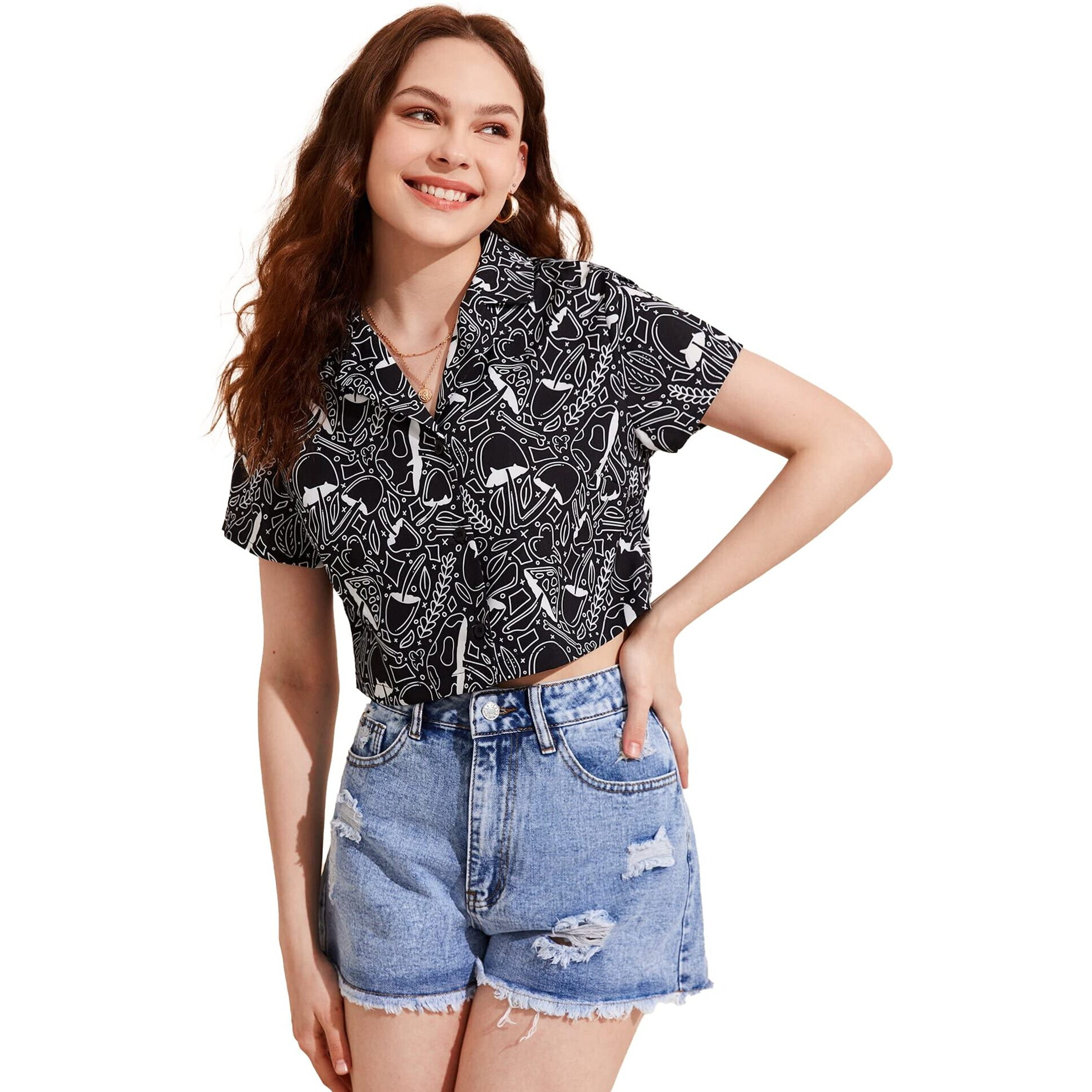 Toplot Black Printed Crop Shirt For Women With Short Sleeve (Crop-Shirt-5059-S)