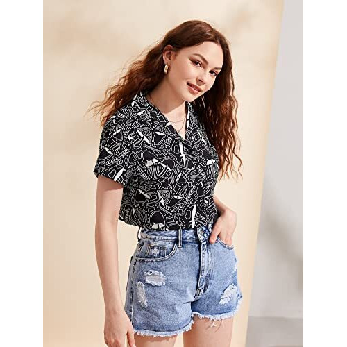 Toplot Black Printed Crop Shirt For Women With Short Sleeve (Crop-Shirt-5059-S)
