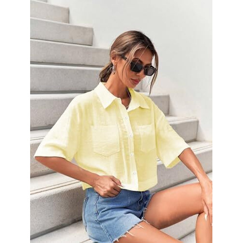 Toplot V-Collar Solid Crop Shirt For Women With Half Sleeves (Crop-Shirt-5183-Yellow-M)