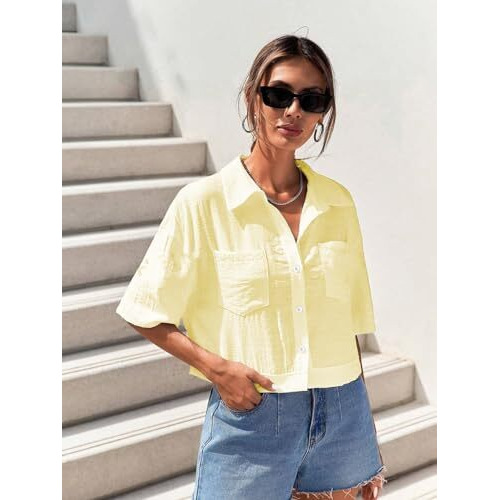 Toplot V-Collar Solid Crop Shirt For Women With Half Sleeves (Crop-Shirt-5183-Yellow-M)