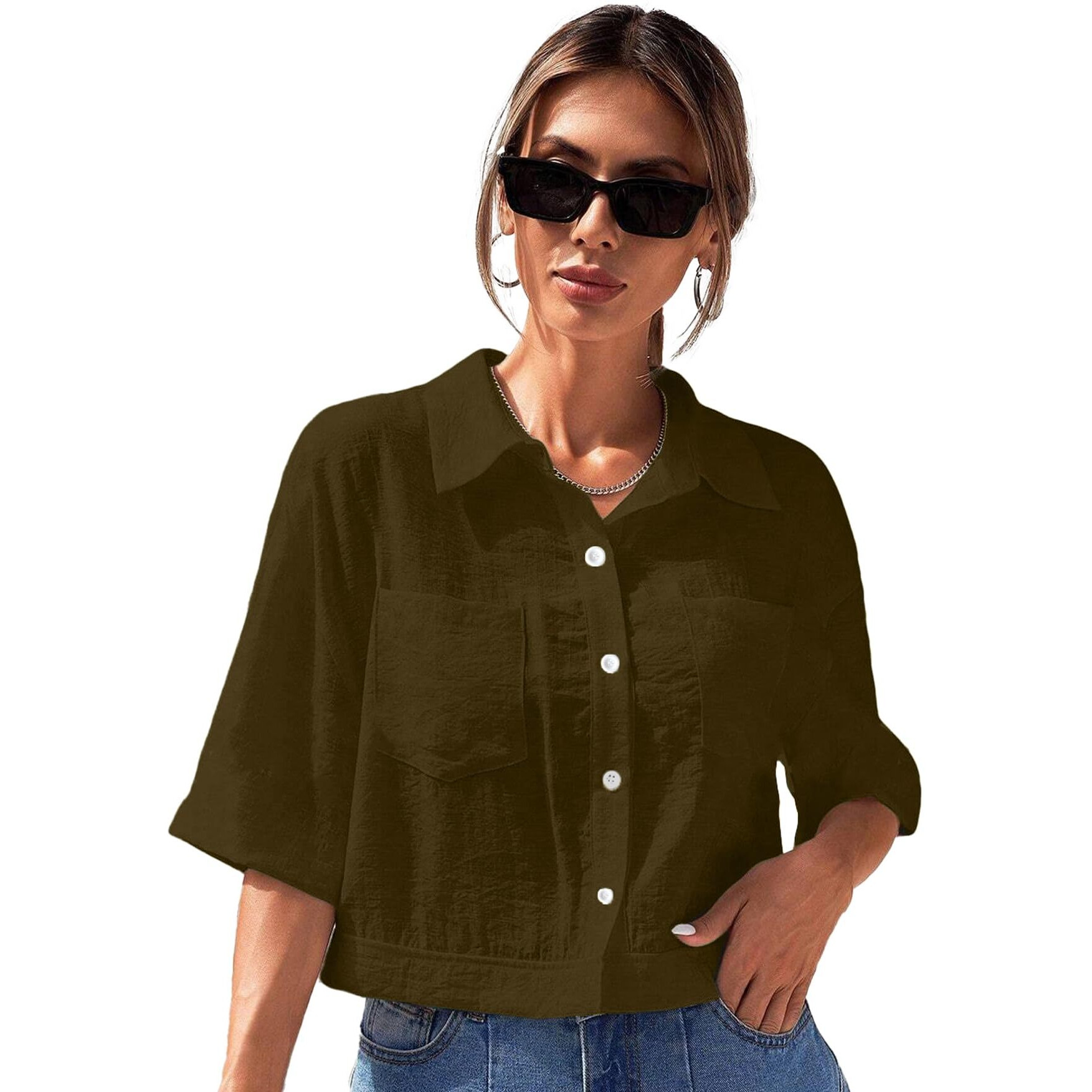 Toplot V-Collar Solid Crop Shirt For Women With Half Sleeves (Crop-Shirt-5183-Brown-S)