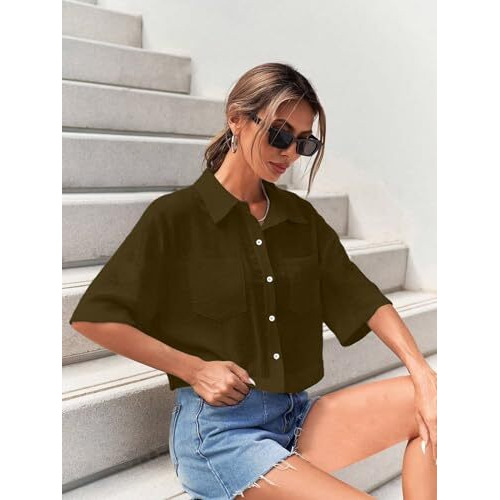 Toplot V-Collar Solid Crop Shirt For Women With Half Sleeves (Crop-Shirt-5183-Brown-S)