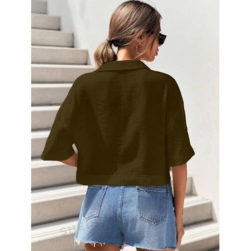 Toplot V-Collar Solid Crop Shirt For Women With Half Sleeves (Crop-Shirt-5183-Brown-S)