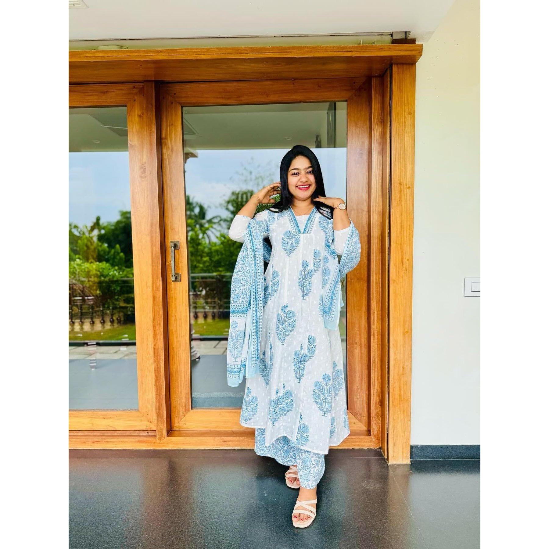 Gosriki Women's Rayon Blend Anarkali Printed Kurta With Pant & Dupatta (Rayka White-Gs_S_White_Small)