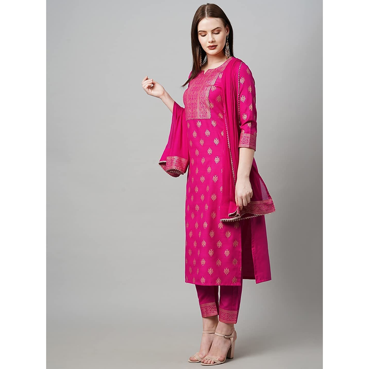Gosriki Women's Cotton Straight Kurta With Pant & Dupatta (Kptd-Cot-10132-Pink_M-Gs_Pink_Medium)