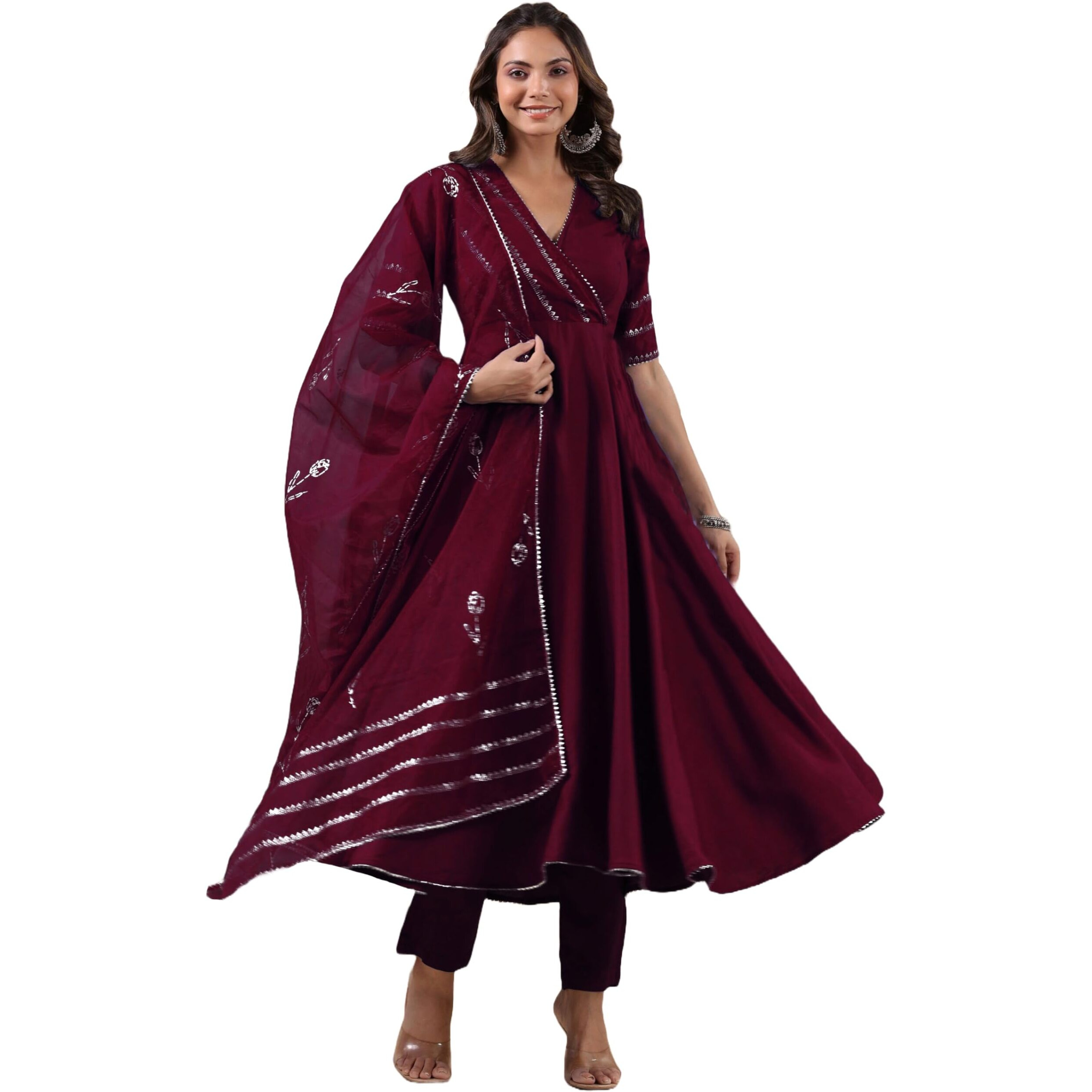 Gosriki Women's Rayon Blend Anarkali Solid Kurta With Pant & Dupatta (Nirmooha Wine-Gs_L_Wine_Large)