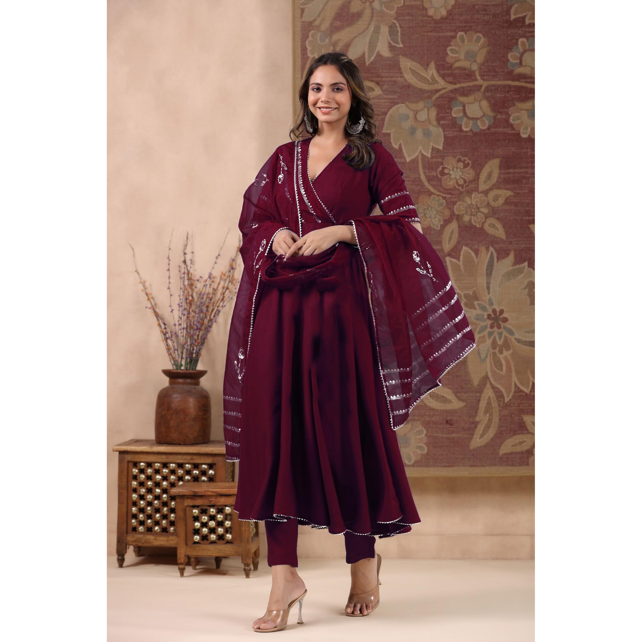 Gosriki Women's Rayon Blend Anarkali Solid Kurta With Pant & Dupatta (Nirmooha Wine-Gs_L_Wine_Large)