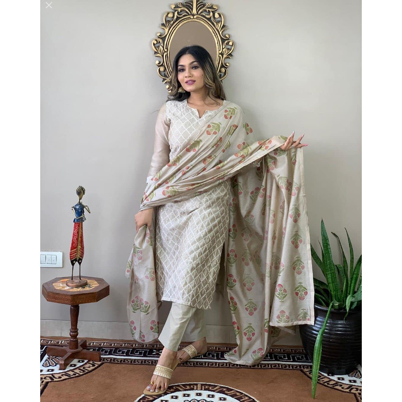 Gosriki Women's Cotton Blend Embroidered Straight Kurta With Pant & Dupatta (Mysuru-Cream-Nw-Gs_S_Cream_Small)