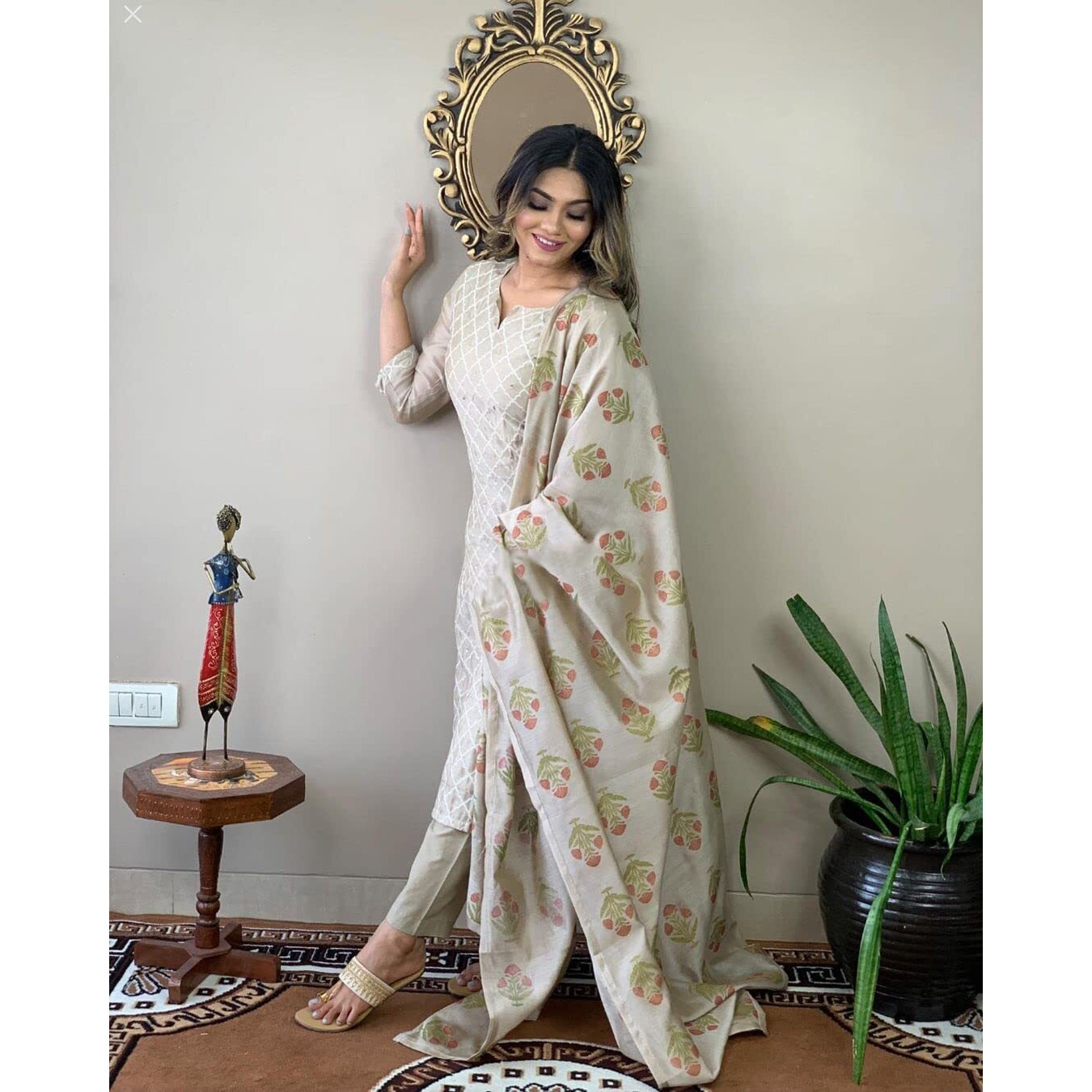 Gosriki Women's Cotton Blend Embroidered Straight Kurta With Pant & Dupatta (Mysuru-Cream-Nw-Gs_S_Cream_Small)