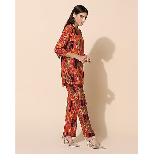 Toplot Co-Ord Set For Women Printed Straight Kurta With Pant (Simple-Pair-5141-Pink-M)
