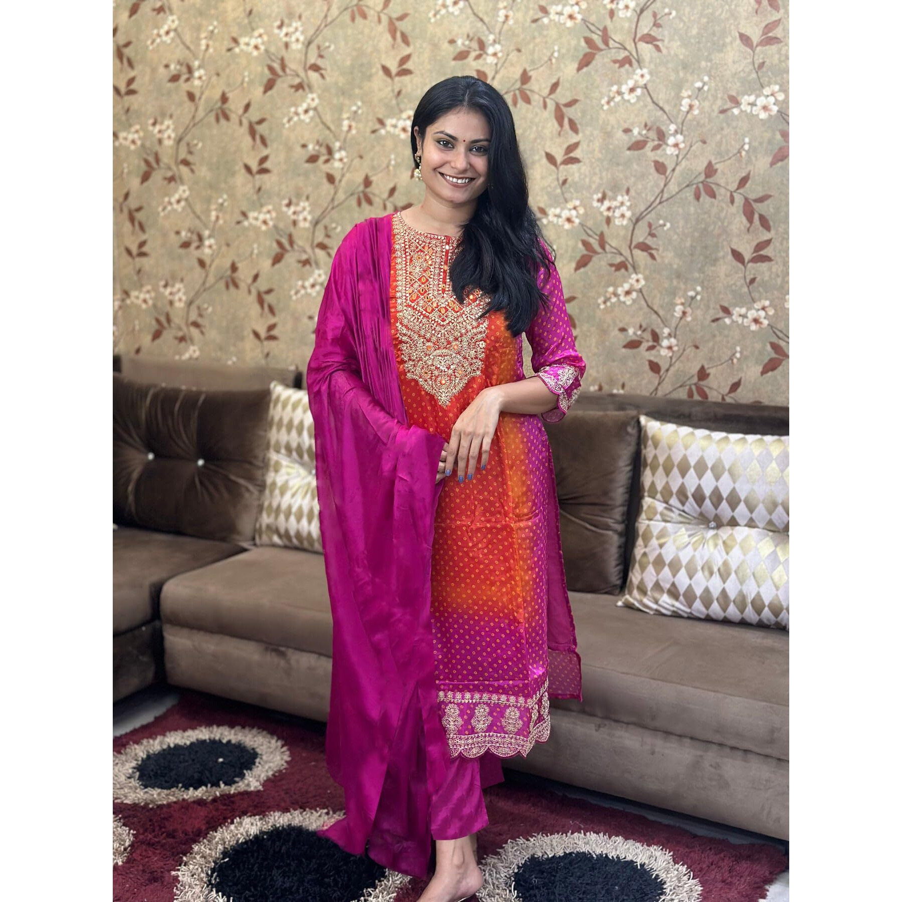 Gosriki Women's Rayon Blend Straight Embroidered Kurta With Pant & Dupatta (Lasivan Pink-Vks01-Gs_Xxl_Pink_Xx-Large)