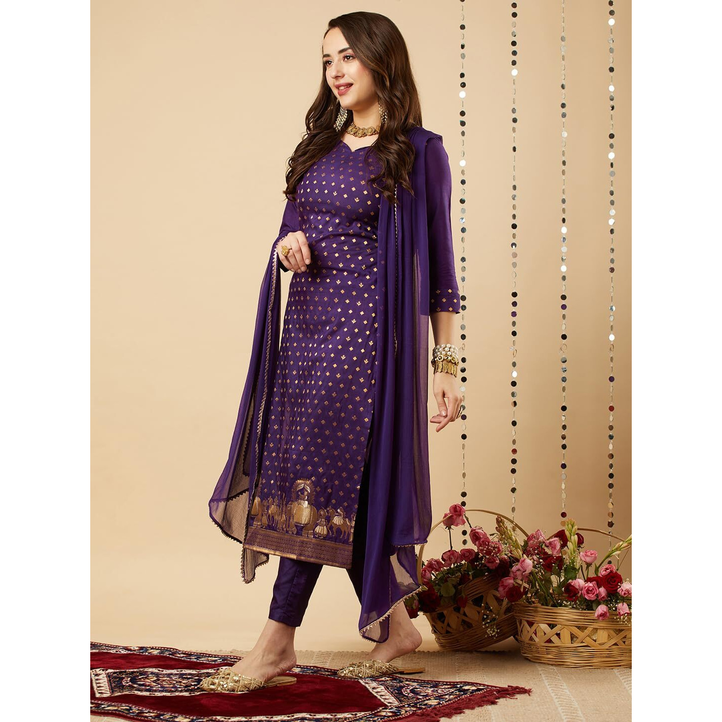 Gosriki Women's Cotton Blend Straight Printed Kurta With Pant & Dupatta (Zaklina Purple-Nw-Gs_M_Purple_Medium)