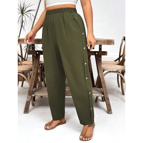 Toplot Women Casual Slanted Pocket Elastic Waist Tapered Pants (Button-Pant-5192-Olive-28)