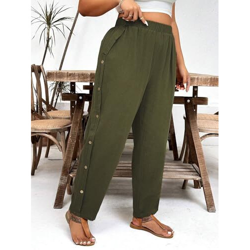 Toplot Women Casual Slanted Pocket Elastic Waist Tapered Pants (Button-Pant-5192-Olive-28)