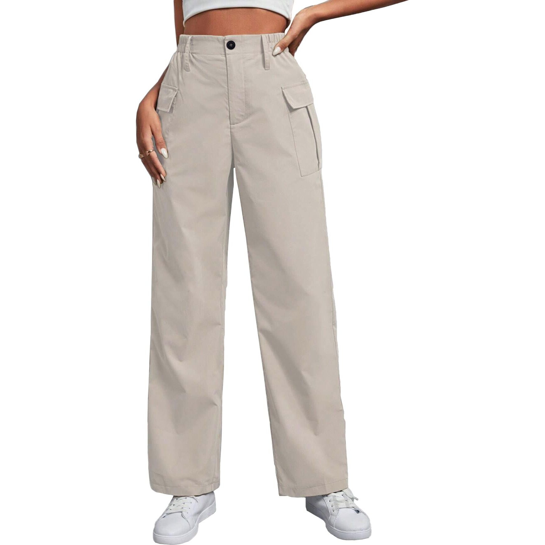 Toplot Cotton Solid Multi-Pocket Cargo Pant For Women (Wide-Leg-Cargo-5195-Off White-32)