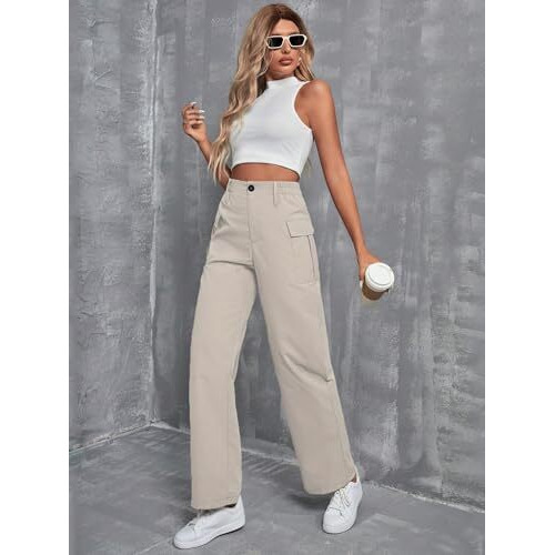 Toplot Cotton Solid Multi-Pocket Cargo Pant For Women (Wide-Leg-Cargo-5195-Off White-32)