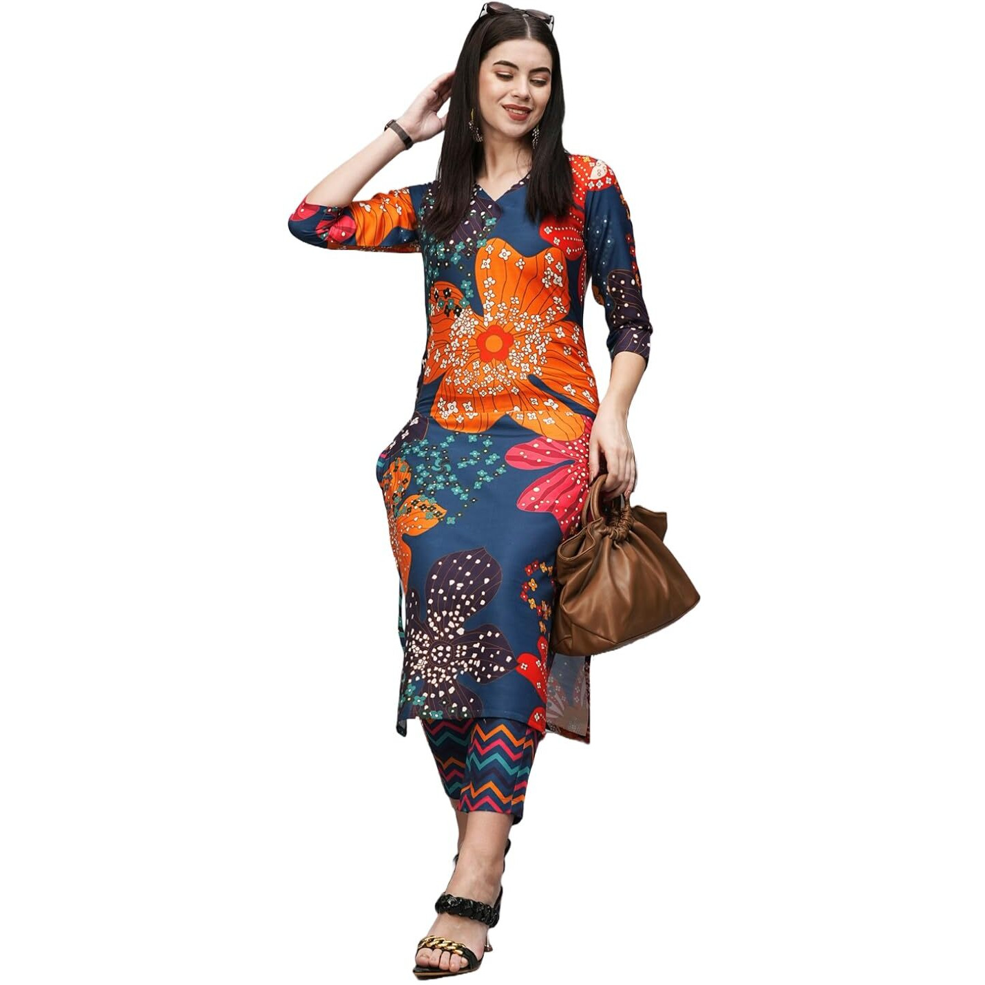 Gosriki Women's Cotton Blend Straight Printed Kurta With Pant (Wahida Blue-Gs_Xxl_Blue_Xx-Large)