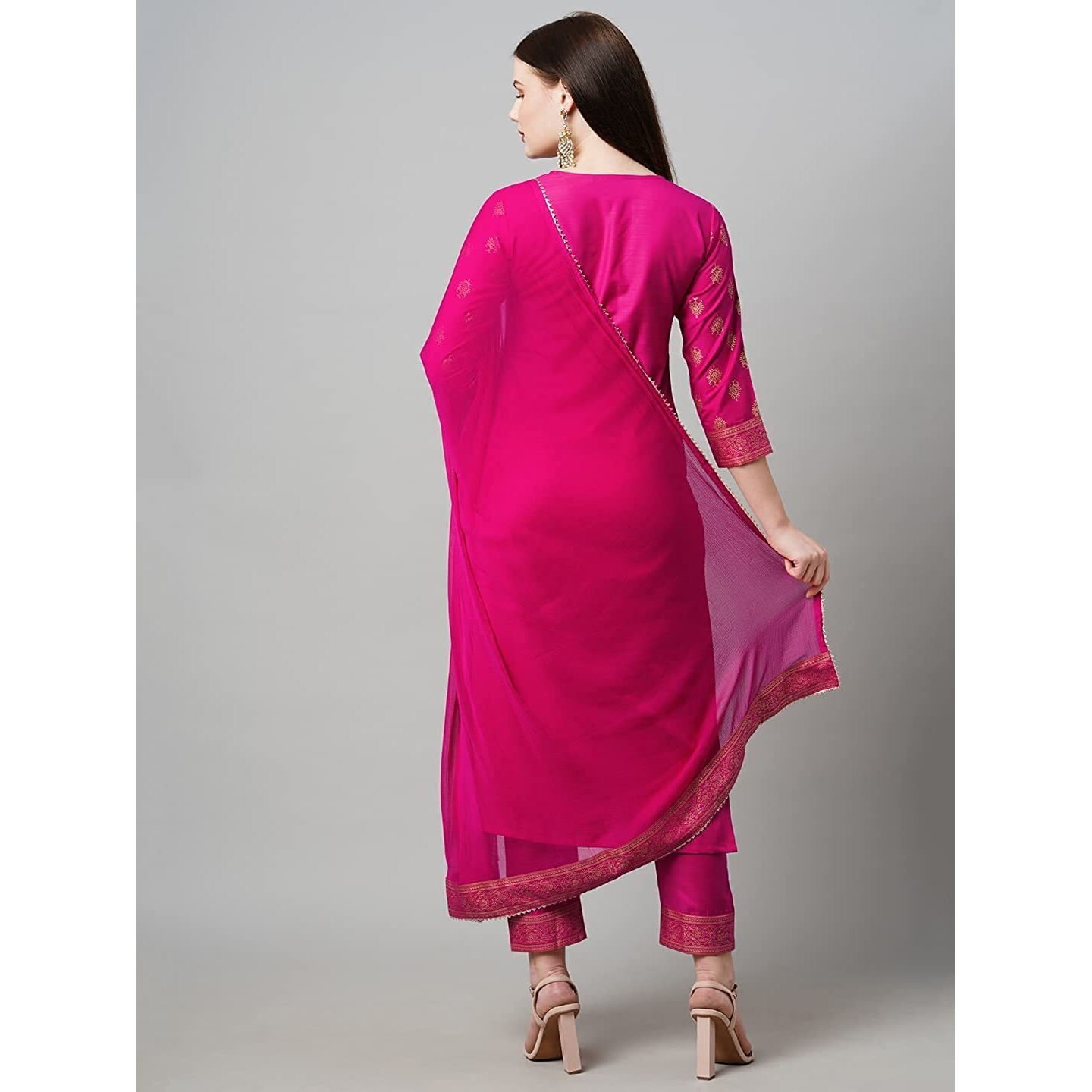 Gosriki Women's Cotton Straight Kurta With Pant & Dupatta (Kptd-Cot-10132-Pink_S-Gs_Pink_Small)