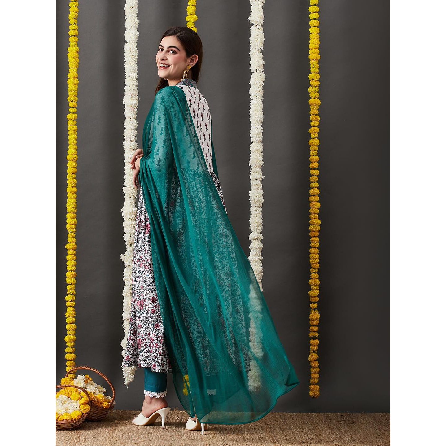 Gosriki Women's Cotton Blend Anarkali Printed Kurta With Pant & Dupatta (Toki White-Gs_M_White_Medium)