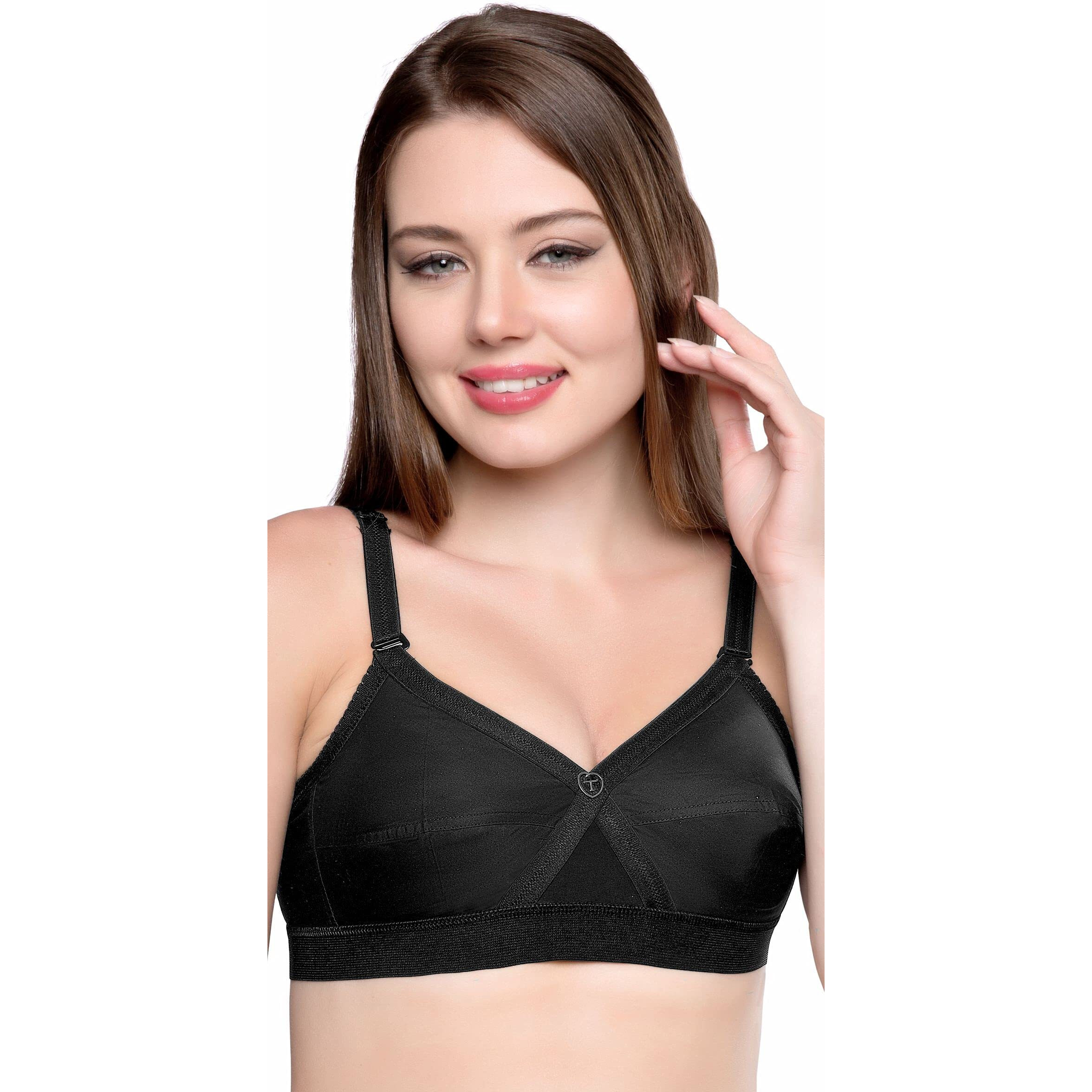 Trylo Women's Cotton T-Shirt Bra Women's Non-Wired Bra (Krutika Chiken_Black_42D)