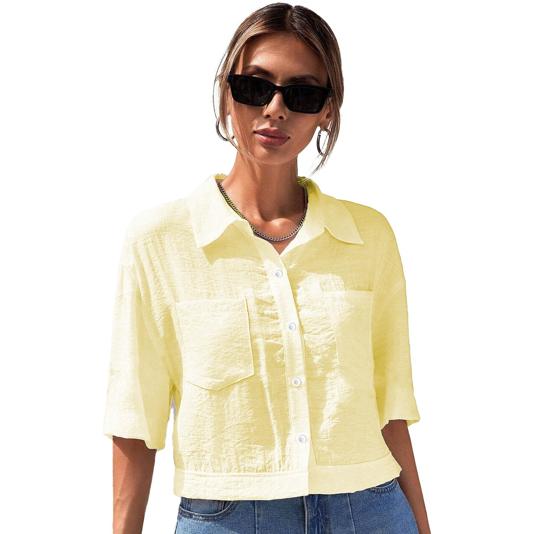 Toplot V-Collar Solid Crop Shirt For Women With Half Sleeves (Crop-Shirt-5183-Yellow-Xl)