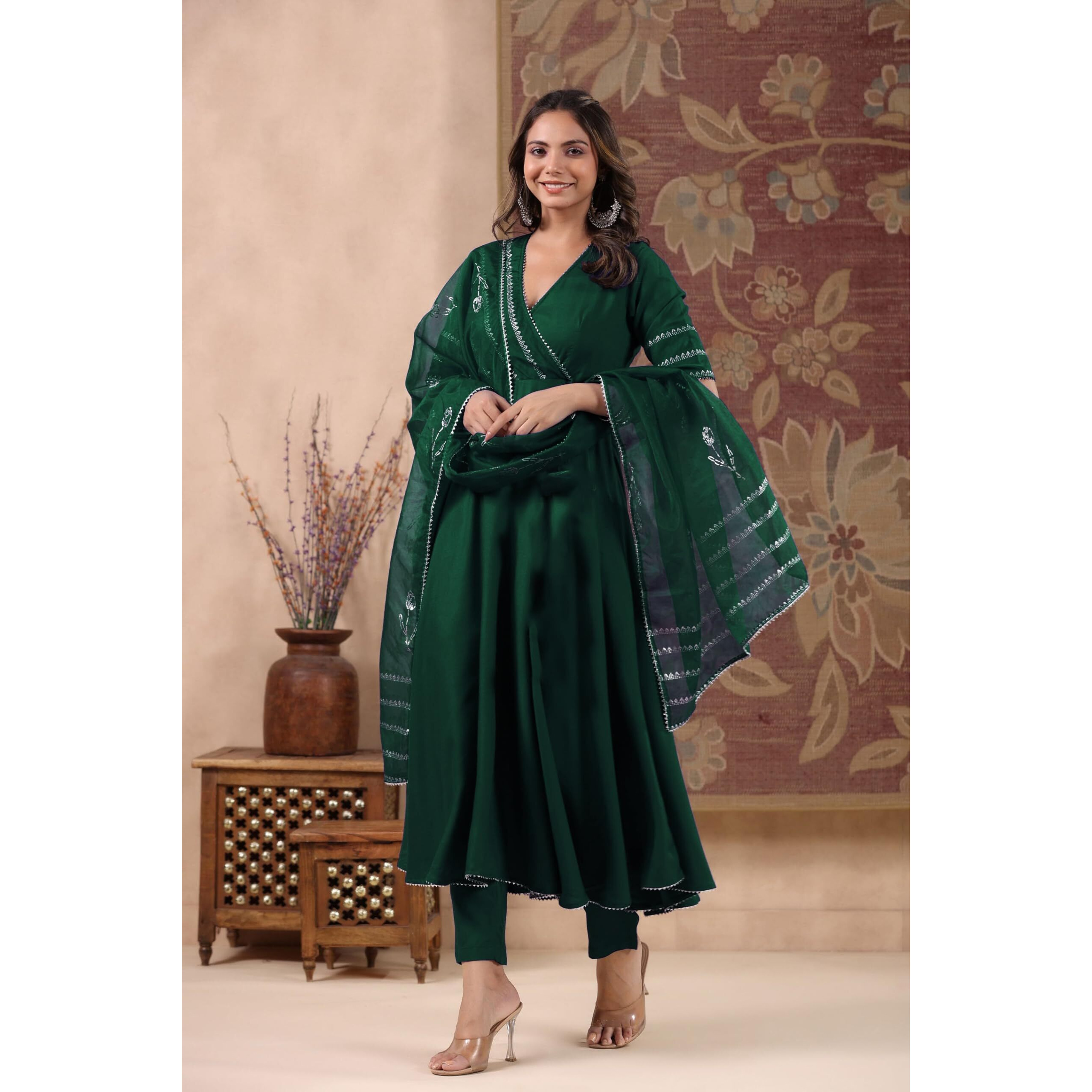 Gosriki Women's Rayon Blend Anarkali Solid Kurta With Pant & Dupatta (Nirmooha Green-Gs_S_Green_Small)