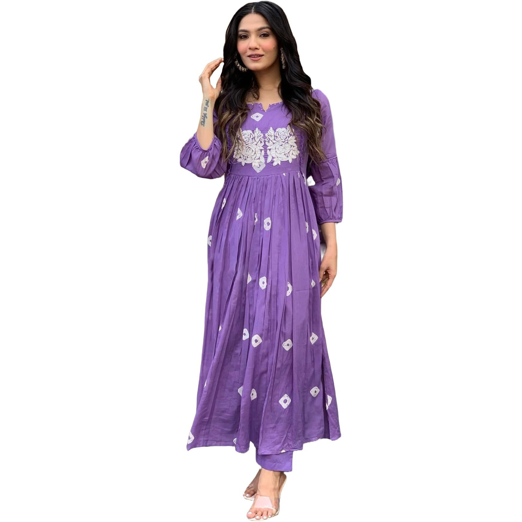 Gosriki Women's Rayon Blend Anarkali Printed Kurta With Pant (Anveshi Purple-Vks07-Gs_M_Purple_Medium)