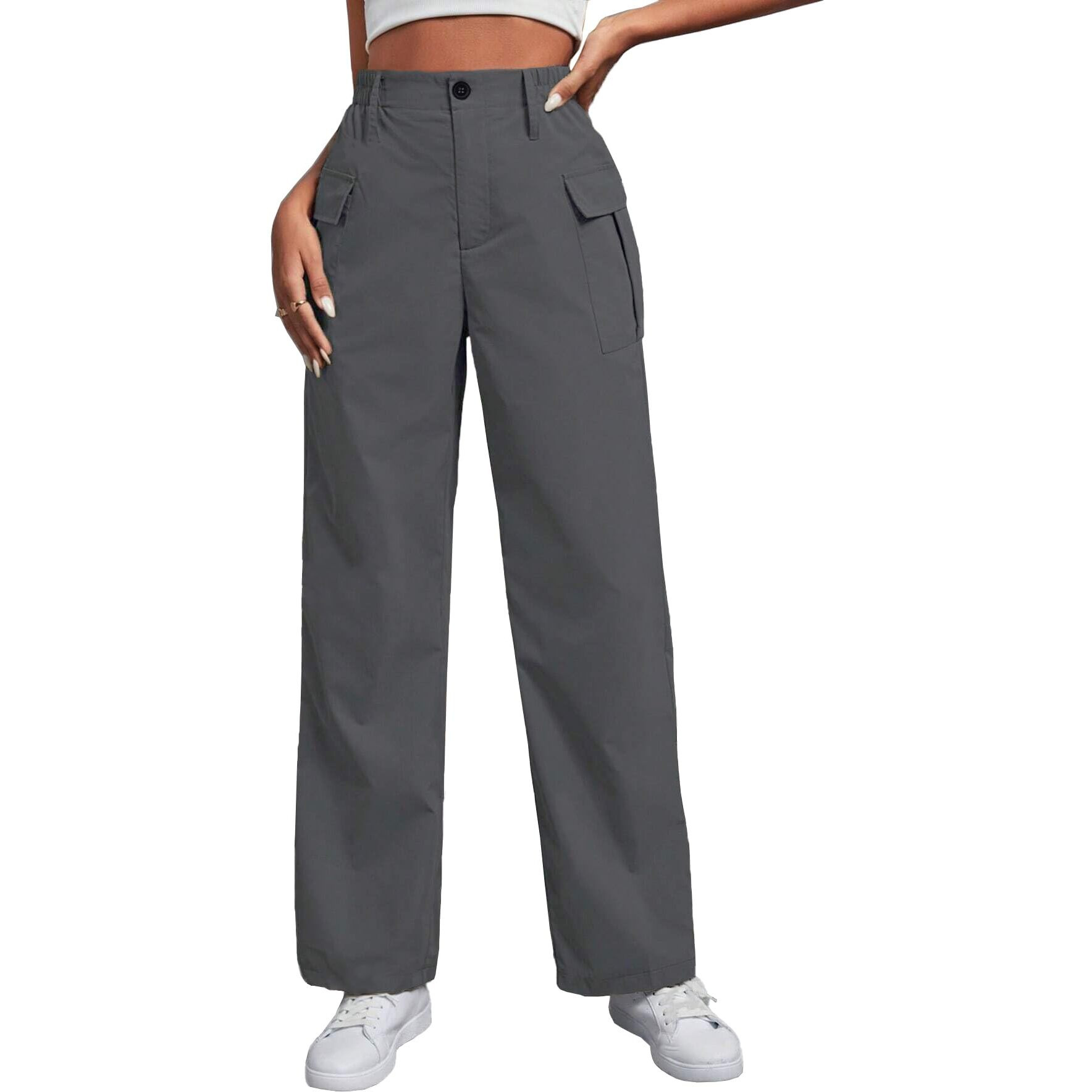 Toplot Cotton Solid Multi-Pocket Cargo Pant For Women (Wide-Leg-Cargo-5195-Dark Grey-30)